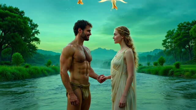 Divine Creation Scene Depicting God Creating Eve from Adam s Rib in the Garden of Eden with Flying Angels and Flowing Rivers