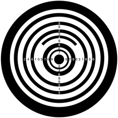 Black and white circular target with concentric rings and random numbers, on an isolated white background.