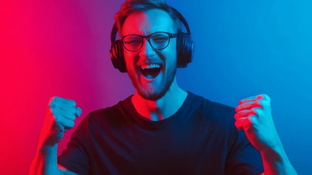 Bearded male in headphones shouts with excitement, fists raised in triumph, bathed in trendy neon lighting. Urban style and energetic mood highlight youthful enthusiasm and digital lifestyle trends