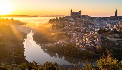 Fototapeta premium Sunrise over the historic city of Toledo, Spain, with the Tagus River flowing through the valley.