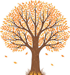 Autumn tree with falling leaves vector illustration isolated on white background for seasonal nature design and decorative landscape projects