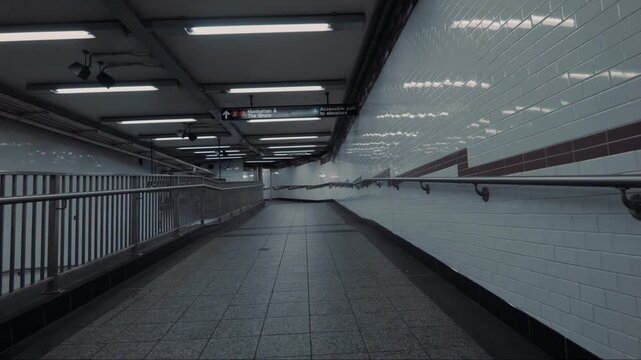 Empty subway station corridor with tiled walls and fluorescent lighting