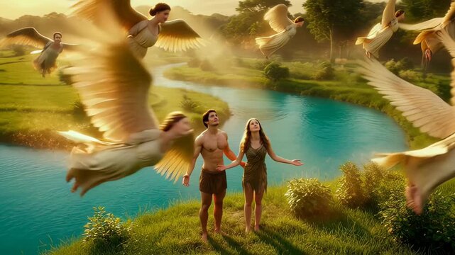 Divine Creation Scene Depicting God Creating Eve from Adam s Rib in the Garden of Eden with Angelic Beings and Lush Nature