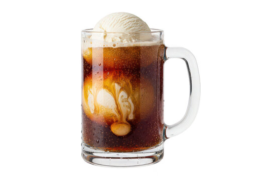 Root beer float in a glass mug with vanilla ice cream on transparent background