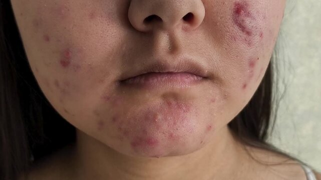 Acne on the face of a young woman. The problem of acne, acne in teenagers. Dermatological diseases of the skin of the face
