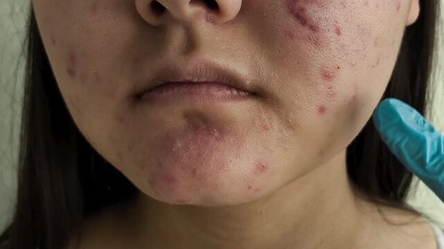 A hand in blue medical gloves touches, points to acne, pimples on the face of a teenage girl. Doctor examining patient with problem skin