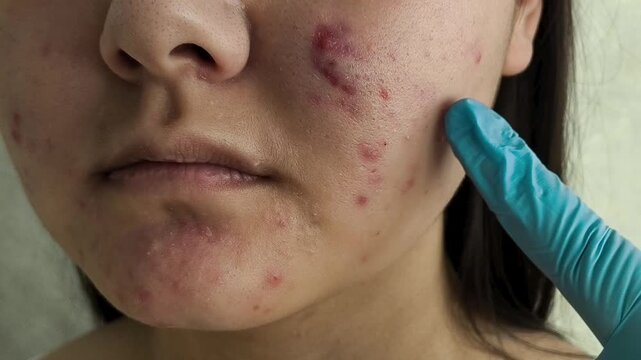 A hand in blue medical gloves touches, points to acne, pimples on the face of a teenage girl. Doctor examining patient with problem skin