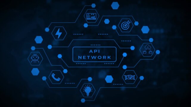 Abstract digital network of interconnected blue hexagons and a central rectangular frame against a dark blurred circuit board background with glowing blue accents and subtle bokeh effects Keywords
