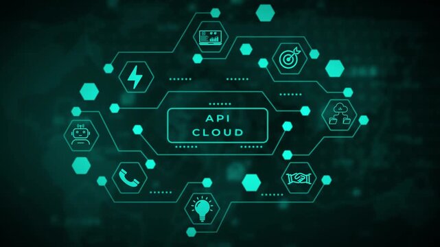 Abstract digital network of interconnected teal hexagons and a central rectangular frame against a dark blurred circuit board background with glowing green accents and subtle bokeh effects