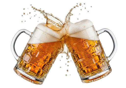 A dynamic splash of two beer mugs clinking together on transparent background