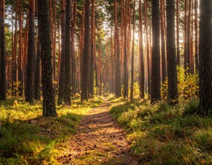 Obraz premium Sunlit Forest Path - A Serene Journey Through Towering Trees and Golden Light.