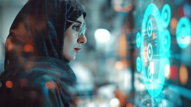 Visionary Insight: A focused woman, wearing a hijab and glasses, engrossed in a futuristic, technology-driven interface.