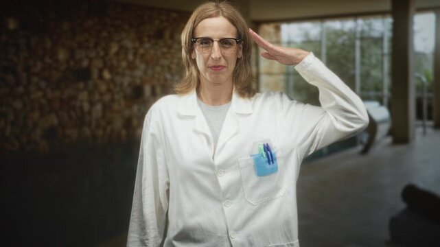 Woman doctor standing in lab coat salutes with right hand, pens in pocket and glasses visible, neutral expression inside building; confidence duty.