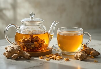 A warm tea set with ginger slices and nuts on a rustic surface. dried ginger tea