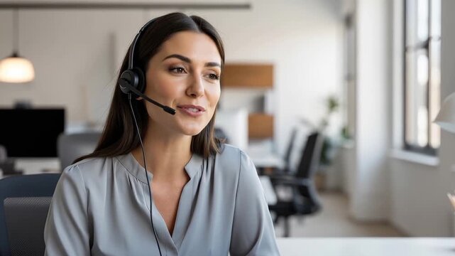 Customer support representative wearing a headset communicates with a client in a bright office environment for a business.