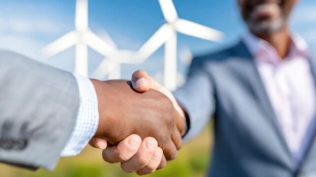 Eco-Friendly Partnership: A collaborative handshake seals a green deal against the backdrop of wind turbines, embodying sustainability and partnership for the environment.