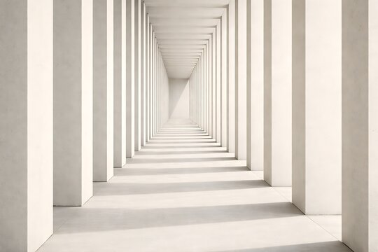 A serene and symmetrical white corridor with repeating columns creating a sense of depth and minimalist architecture