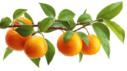 A branch of kumquats with green leaves and several orange fruits hanging from it