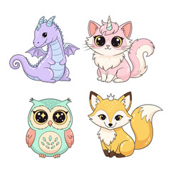 Fototapeta premium Cute Kawaii Animals: Dragon, Cat-Unicorn, Owl, Fox - Adorable Fantasy Creatures
