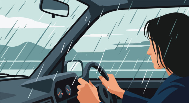 Woman driving a car through heavy rain, viewed from inside the vehicle, navigating challenging weather conditions on the road with caution and focus.