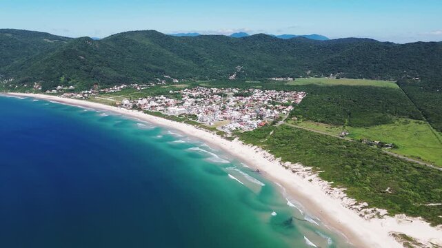 Aerial view of the Brazilian beach of Acores, Santa Catarina island, Florianopolis.