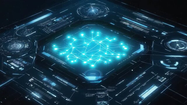 Glowing central interface displays an interconnected network of data nodes and digital pathways, machine learning systems, real time data connectivity