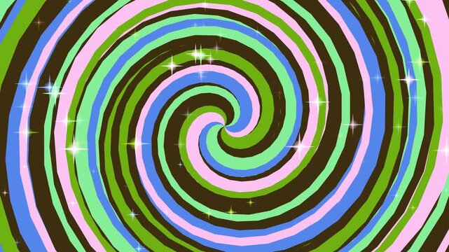 Vibrant psychedelic spiral pattern with sparkling stars