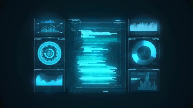 AI Data Analytics Dashboard with Futuristic Interface Panels
displaying glowing circular charts, pie graphs, waveform analytics, and scrolling code, big data analysis, business intelligence monitoring