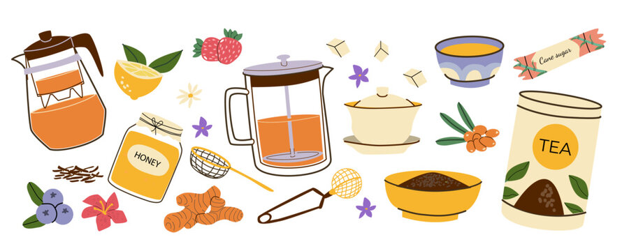 Cartoon tea time stickers with black tea and add ons - ginger, lemon, honey, strawberry and sea buckthorn. Doodle vector set for brewing and preparing tea, teapot, cups and ingredients isolated