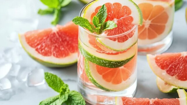 Refreshing iced water with grapefruit slices and mint on table. Best Drinks for Burning Fat Naturally concept of summer refreshment and cooling.
