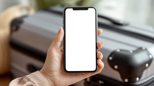 A hand holding a smartphone with a blank screen in front of a suitcase