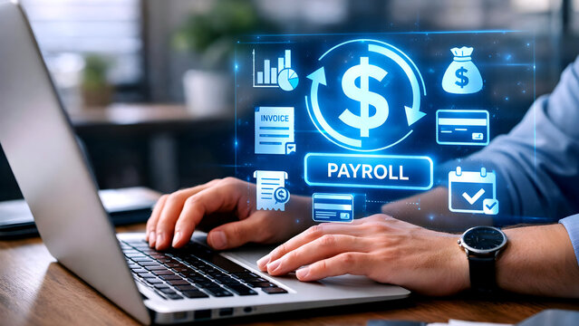 "A person uses payroll software on a laptop to handle salaries, pay taxes, and manage business accounts in a digital fintech setup."