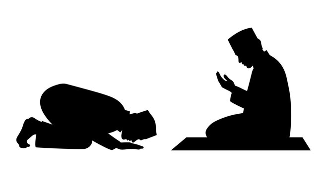 Two individuals in traditional prayer positions during worship. Vector, illustration