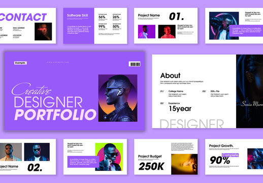 Modern Creative Designer Portfolio Presentation Template in Bold Purple Layout
