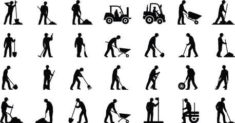 Construction worker silhouettes, manual labor tools, jackhammer and shovel illustration, wheelbarrow and ladder art, building site concept, industrial workforce design © MstParvin