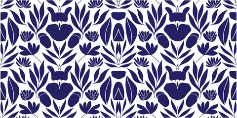 Seamless blue floral ornamental pattern with heart motifs. Symmetrical botanical design in folk inspired decorative style. Repeating elegant background ideal for wallpaper, fabric . © NisatFarjana