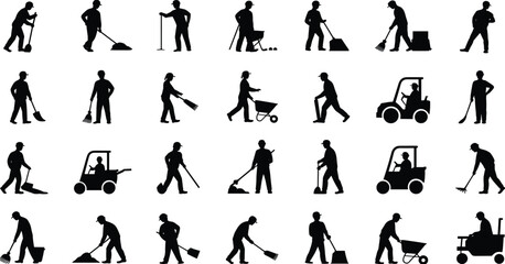 Construction worker silhouettes, manual labor tools, wheelbarrow and shovel illustration, machinery operator art, landscaping profession concept, workforce diversity design © MstParvin