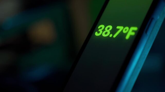 Smartphone app showing a sharp drop in temperature in Fahrenheit, close-up