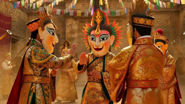 Traditional Masked Performers Celebrating Hemis Festival with Colorful Costumes and Masks in a Cultural Setting