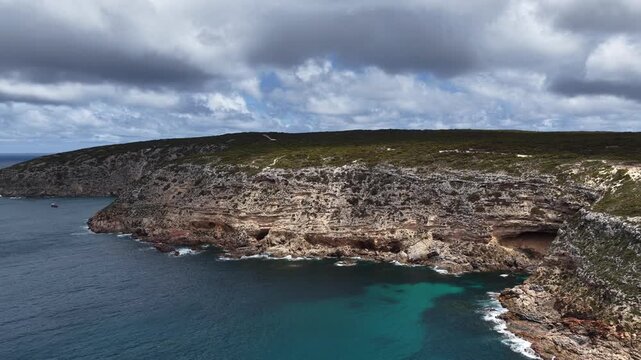 Pelamis Point, Sleaford, South Australia &ndash; 4K Aerial Drone Footage of Fishery Bay, rocky headlands, limestone cliffs, ocean waves, rugged Eyre peninsula coastline in Lincoln National Park.