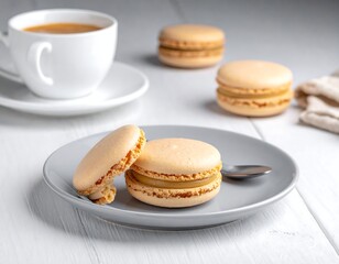 Delightful arrangement featuring pastel-colored cookies on a gray plate with a silver spoon and a warm beverage