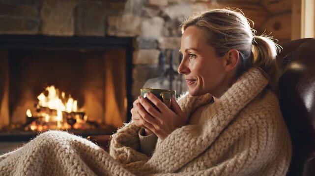Cozy Woman Relaxing with Coffee by Fireplace in Winter