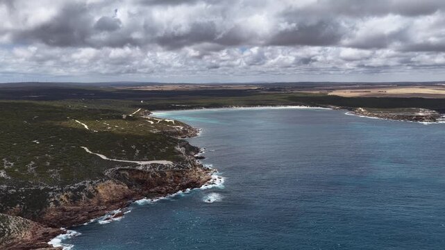 Pelamis Point, Sleaford, South Australia &ndash; 4K Aerial Drone Footage of Fishery Bay, rocky headlands, limestone cliffs, ocean waves, rugged Eyre peninsula coastline in Lincoln National Park.
