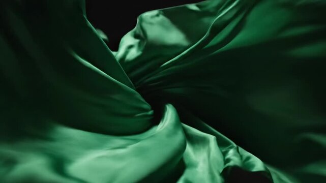 Luxurious emerald green satin fabric flowing elegantly in dark background.