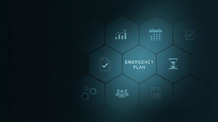 digital emergency plan icons, including SOS, 24-hour service, exit, ambulance, and home symbols, digital 3d interface and illustration © Masha Stock