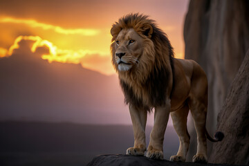 Obraz premium Majestic lion king standing on rock formation with a beautiful sunset
