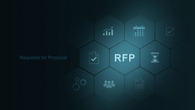 A points towards a digital interface displaying "RFP" (Request for Proposal) along with various icons representing business processes. digital 3d interface and illustration