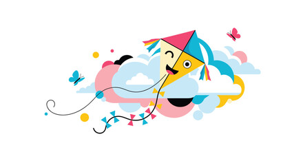Fototapeta premium A cheerful, colorful kite with a smiling face flies happily among clouds and butterflies in a playful illustration.