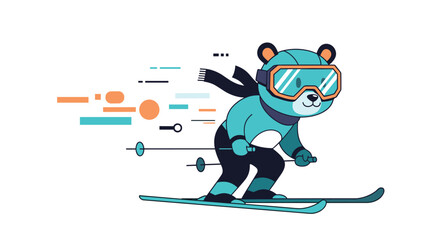 Fototapeta premium A vibrant illustration of a cute, teal cartoon bear skiing downhill, wearing goggles and a scarf, surrounded by dynamic speed lines.