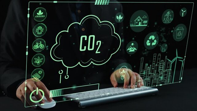 A businessman engages with a cutting-edge technology interface, showcasing environmental data, carbon reduction initiatives, and sustainable energy solutions, signifying green innovation. Cipher